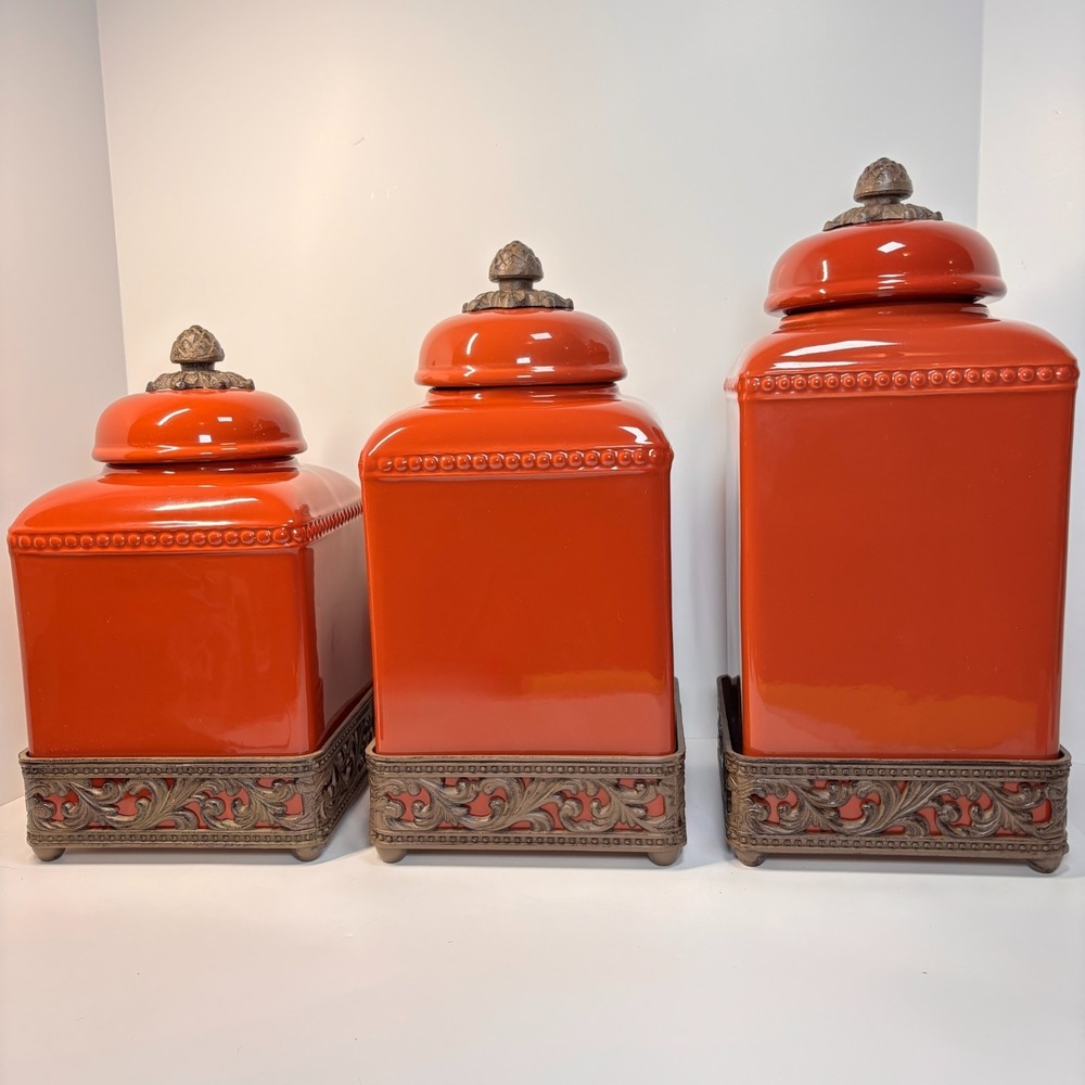 3 Piece Canister GG Collection Tuscan Red Scroll Metal Bases European Charm
